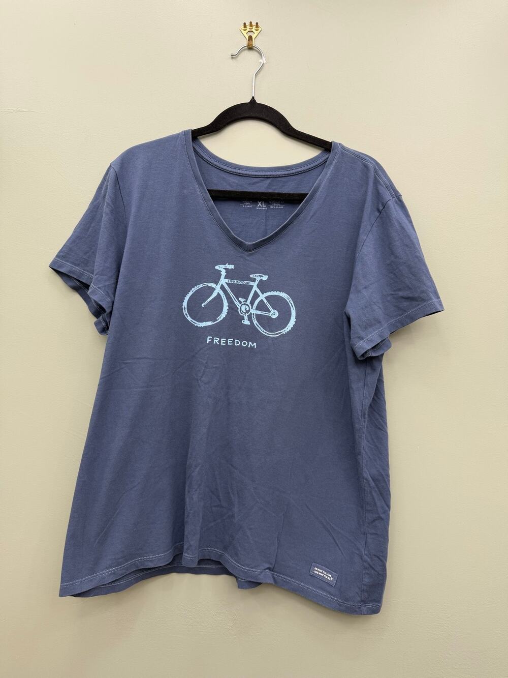 Life is Good Crusher Tee Women XL Blue Bicycle Freedom V Neck Cotton Shirt